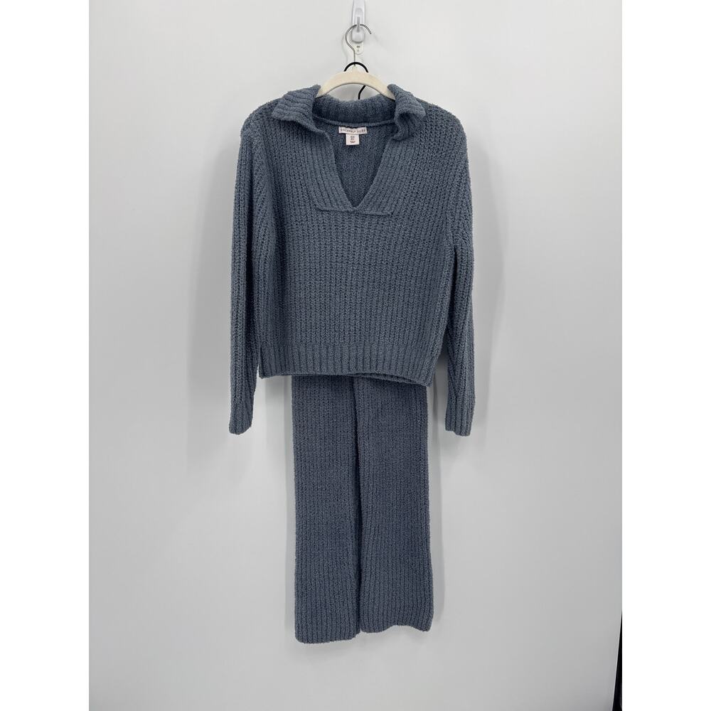 Sincerly Jules Fuzzy Knit Lounge Set Collared Sweater Pants Blue Size Small
